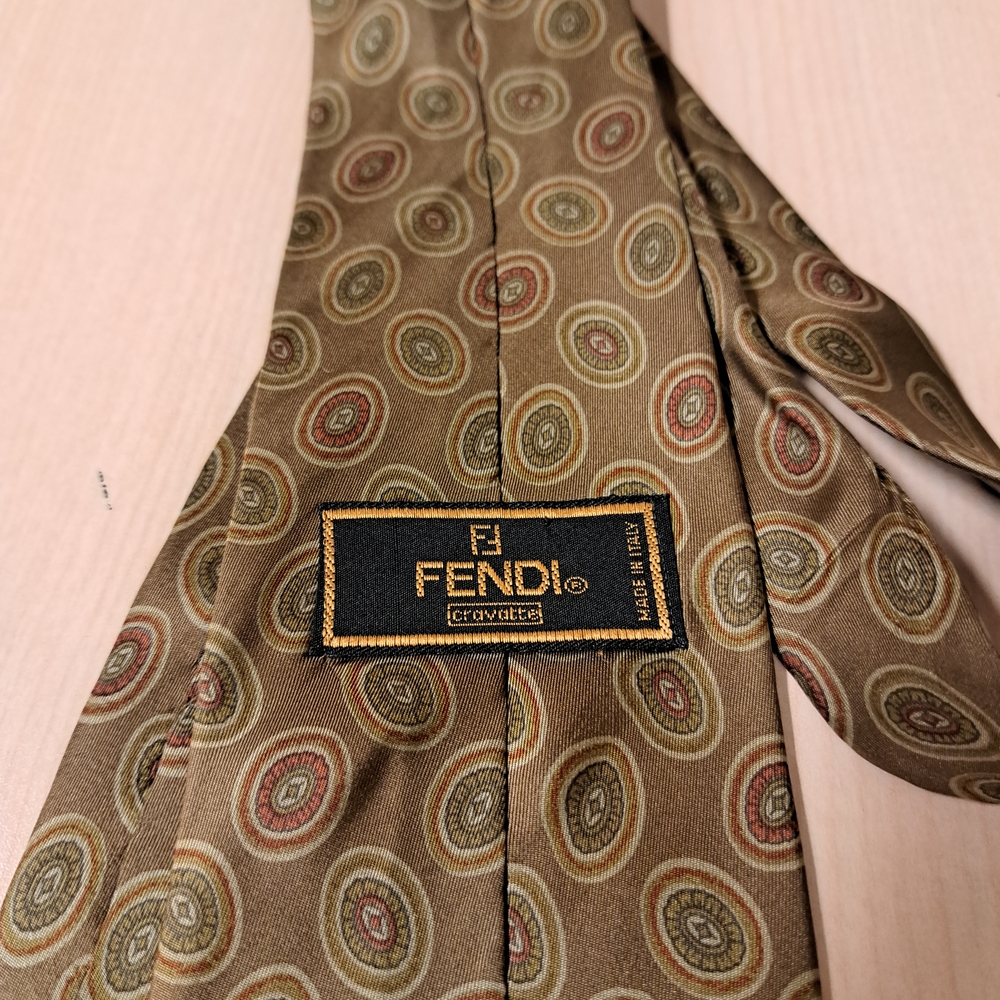 Fendi Men's Tan and Red Patterned Tie